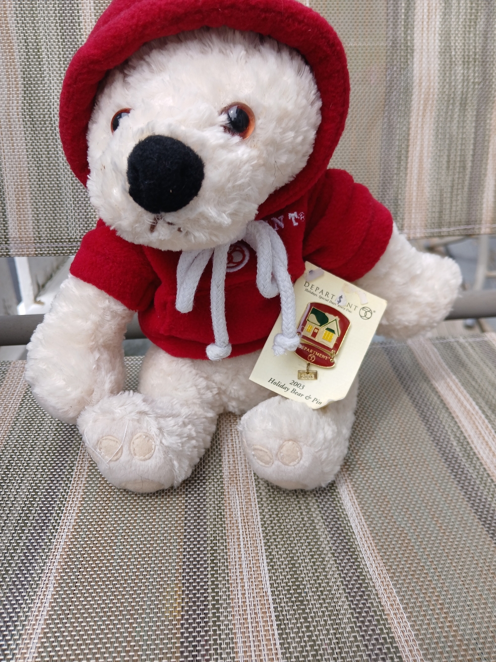 Department 56 White Plush Bear in Red Hoodie with Collectible Pin
